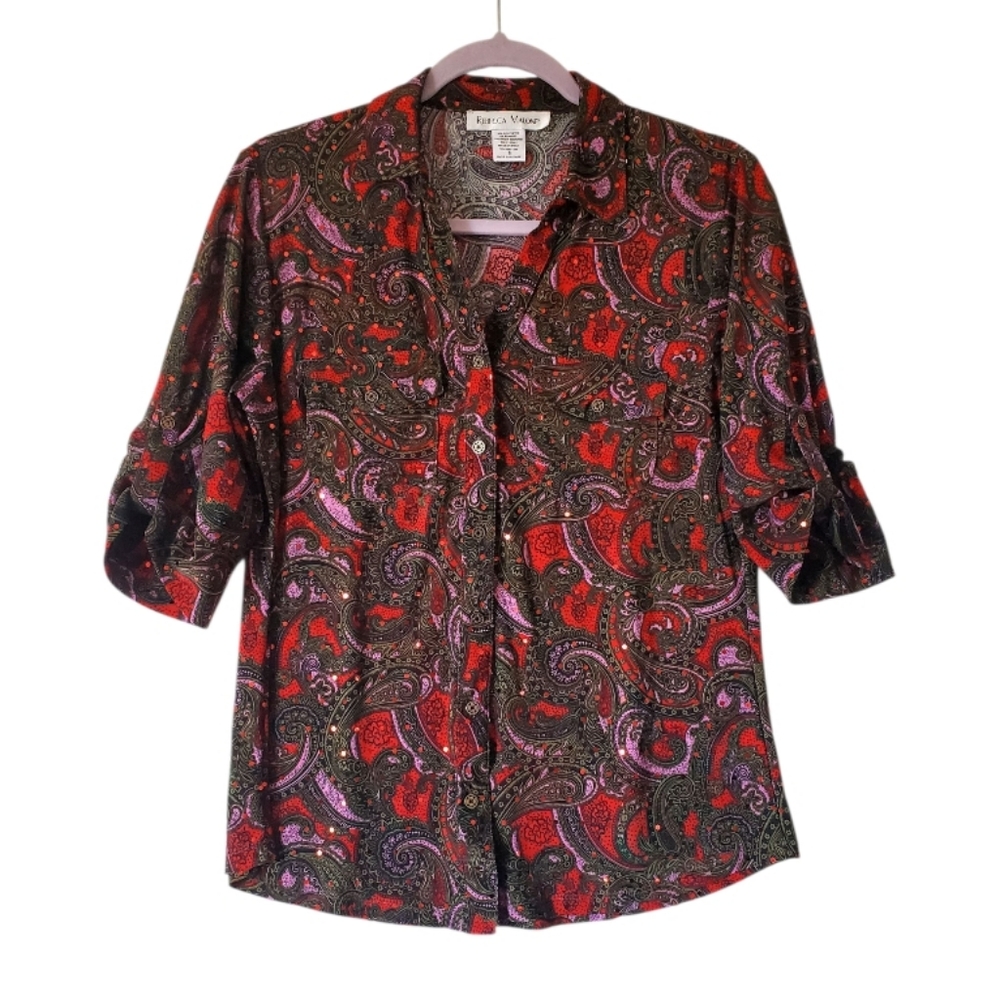 Womens Rebecca‎ Malone Button Down Dressy Blouse Green Red Sparkles Size Small